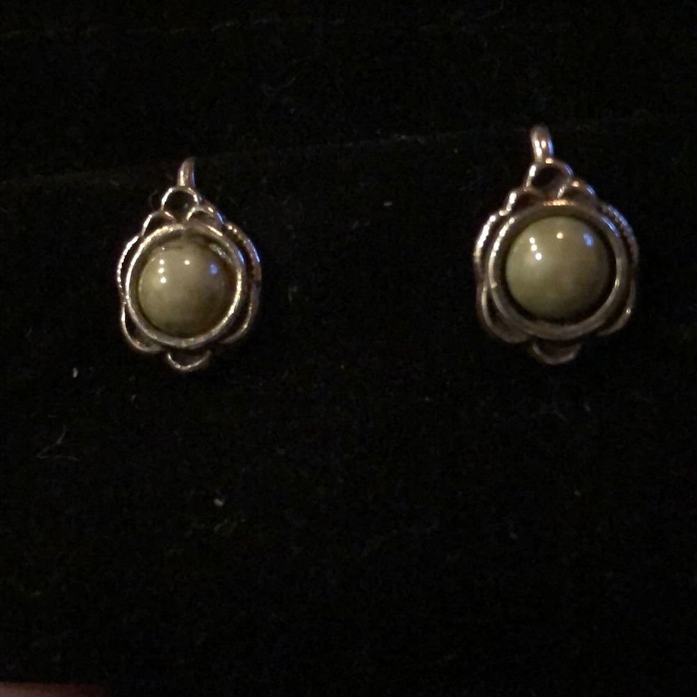 Vintage Silver Tone Clip on Earrings, Pale green Swirl Marbled Accent